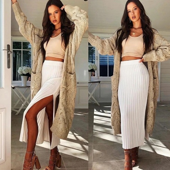 Beige Open Front Cable Knit Duster Cardigan - Picture 1 of 3